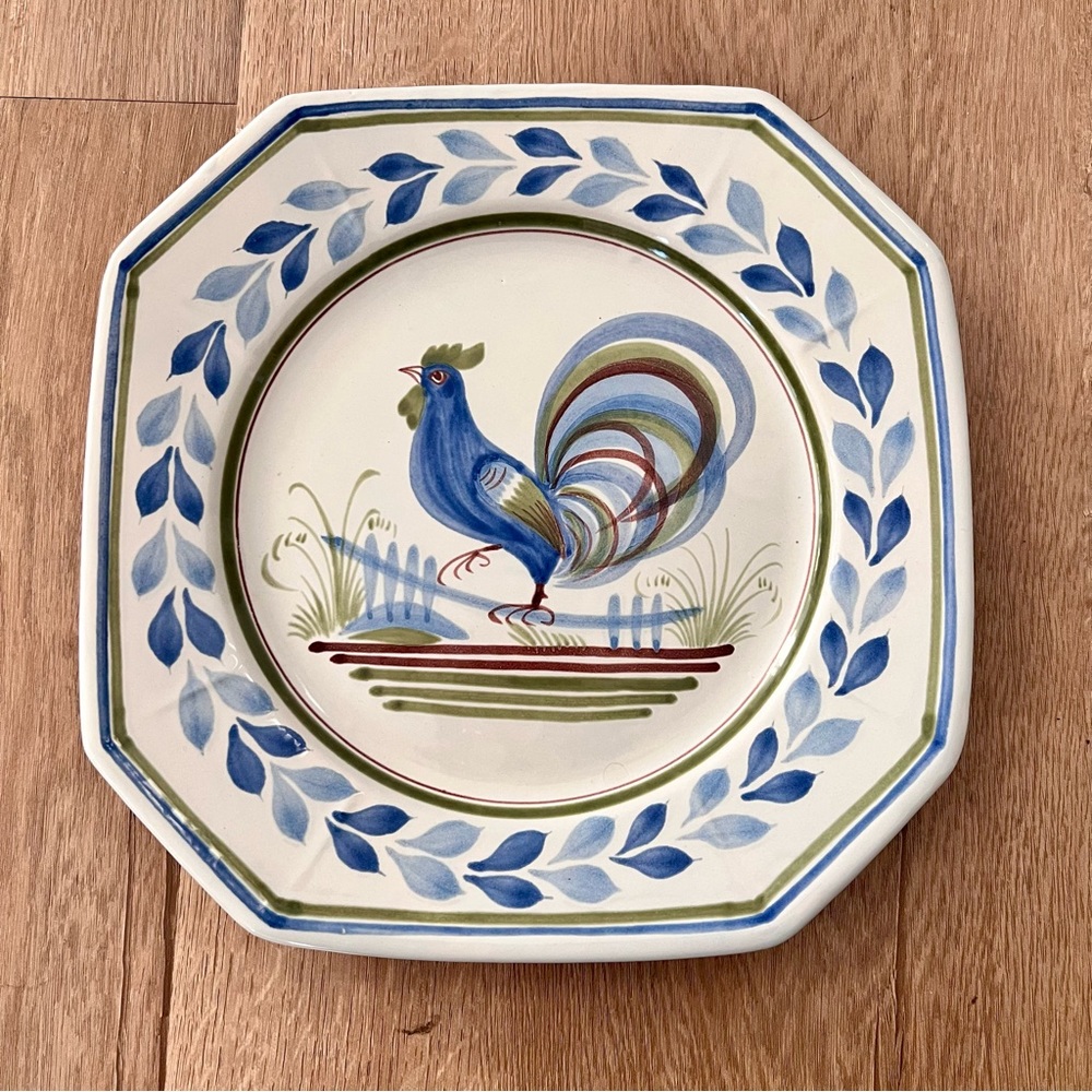 1970s Henriot Quimper France Blue Rooster Octagonal Salad Dinner Plate 9” Vtg